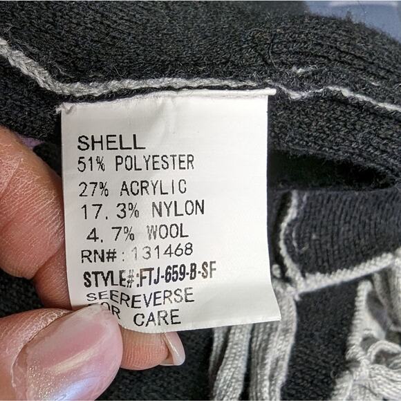 Fate Black Gray Striped Fringe Boho Lagenlook Artsy Western Wool Poncho Medium - Picture 5 of 5